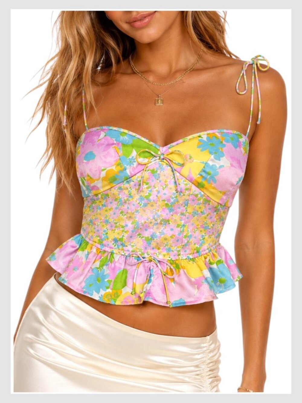 For Love & Lemons Emily Crop Top Pastel pink blue Floral Smocked Peplum XS